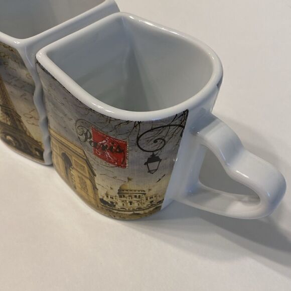 Paris France Interlocking 2 Mug Set City Landmark Scenes Heart Handles - Picture 7 of 10